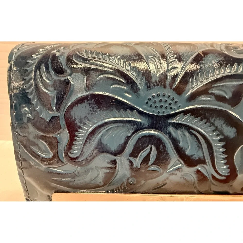 PATRICIA NASH CAMETTI Leather Trifold Wallet Clutch TOOLED‎ BLUE FLORAL NWTS